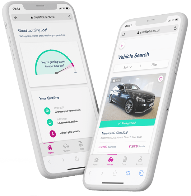 Two smartphones beside each other, one with a screen showing the car finance application process, another showing a vehicle search with a black Mercedes featured